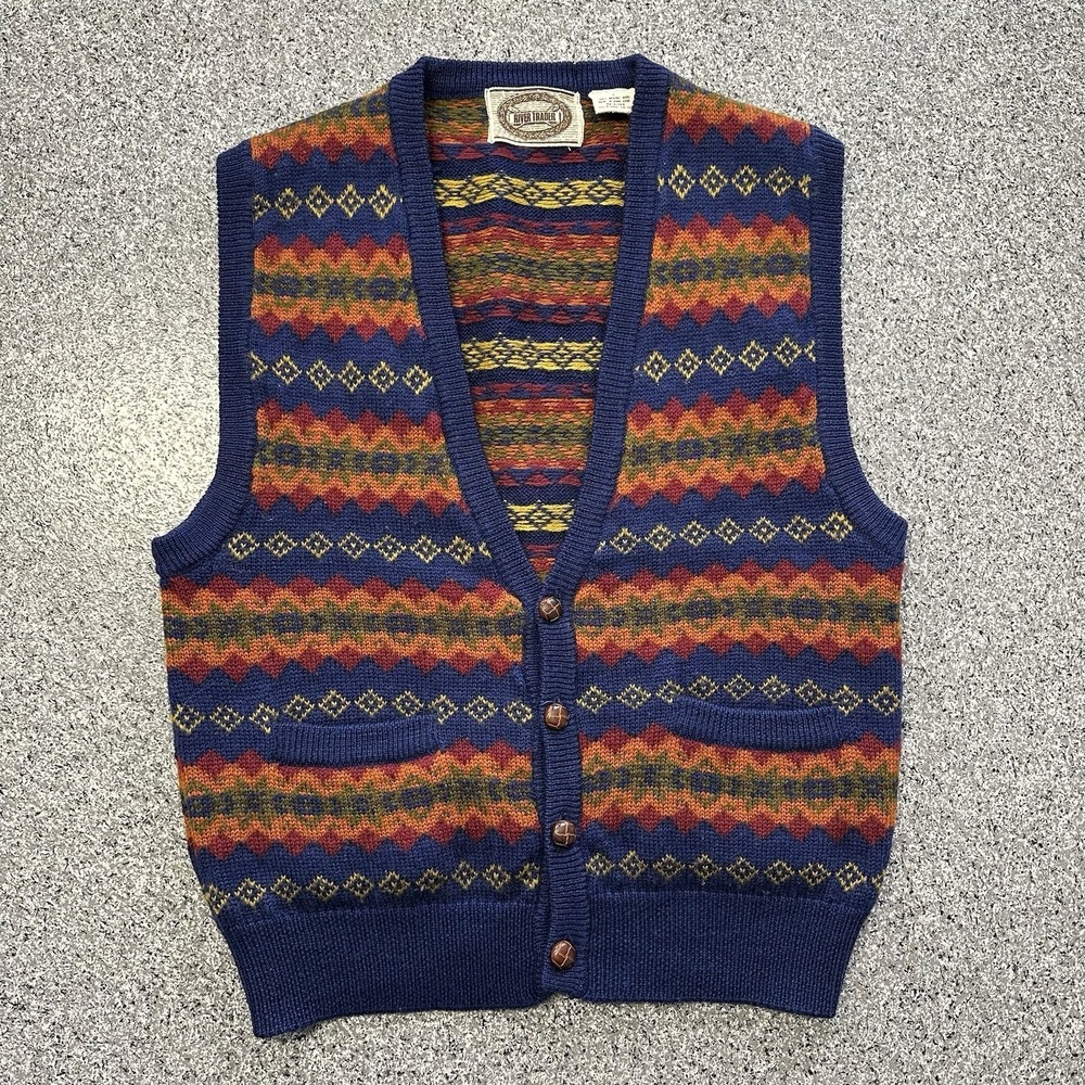 Vintage River Trader Merino Wool Sweater Vest Womens L Southwest Aztec Button Up
